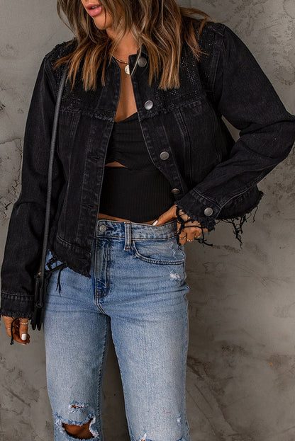 Frayed Trim Button Down Denim Jacket - DunbiBeauty, LLC