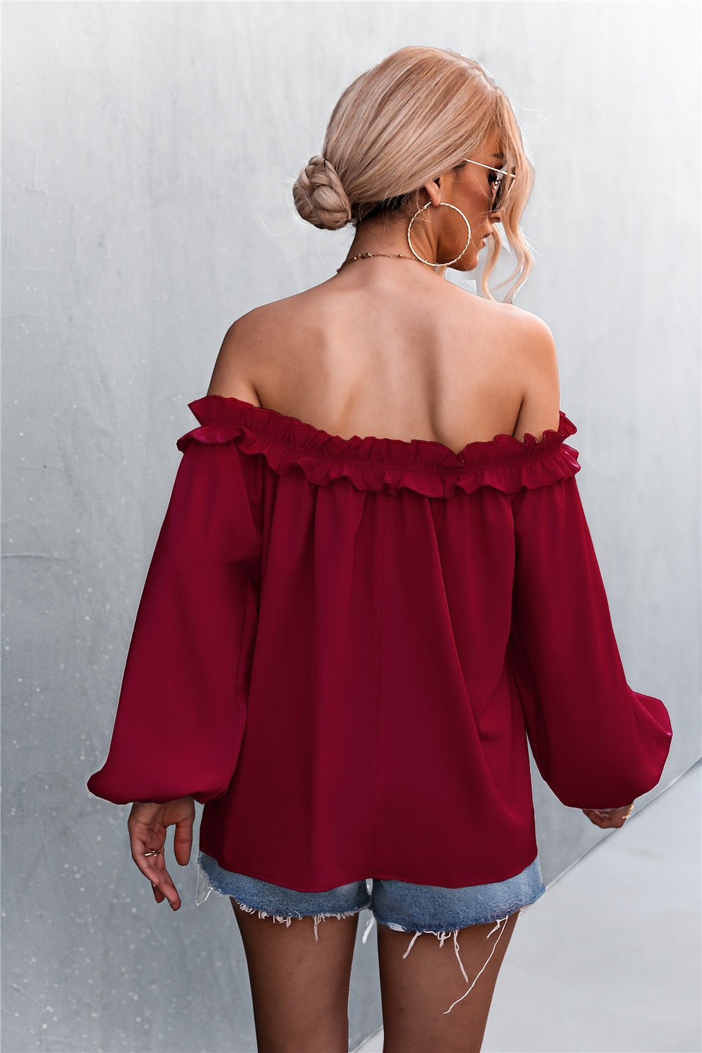 Frill Trim Off-Shoulder Balloon Sleeve Top - DunbiBeauty, LLC