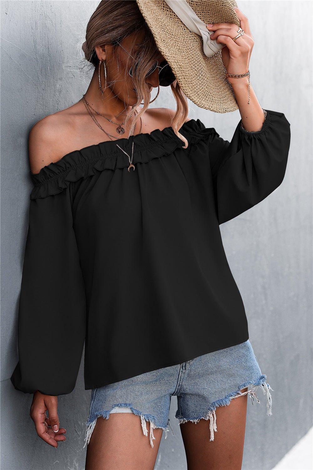 Frill Trim Off-Shoulder Balloon Sleeve Top - DunbiBeauty, LLC