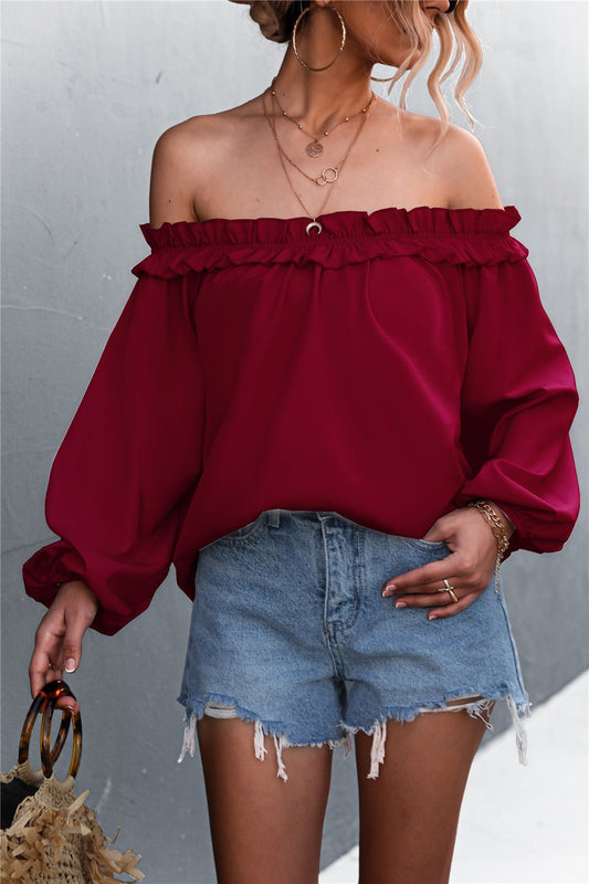 Frill Trim Off-Shoulder Balloon Sleeve Top - DunbiBeauty, LLC