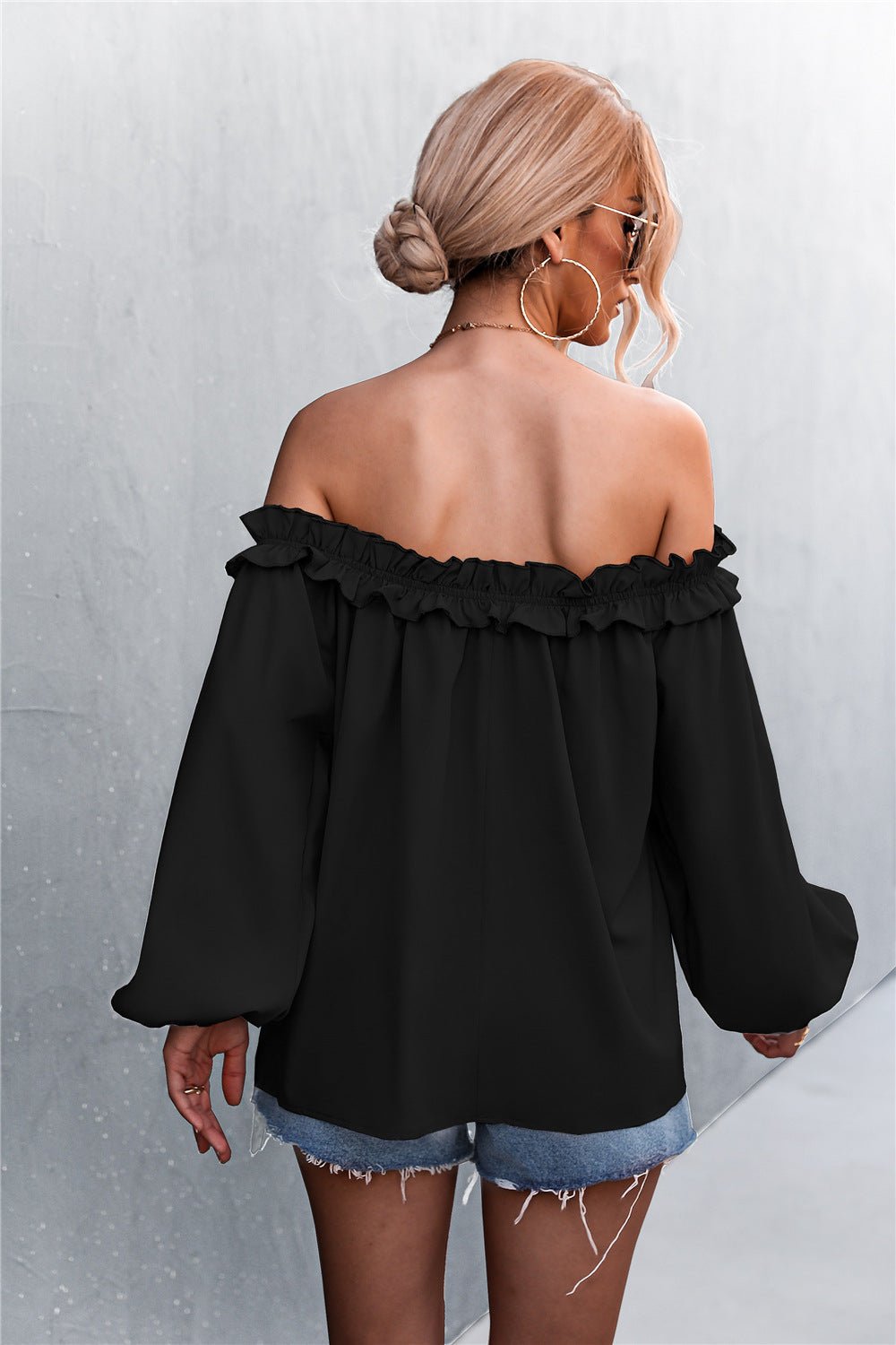 Frill Trim Off-Shoulder Balloon Sleeve Top - DunbiBeauty, LLC