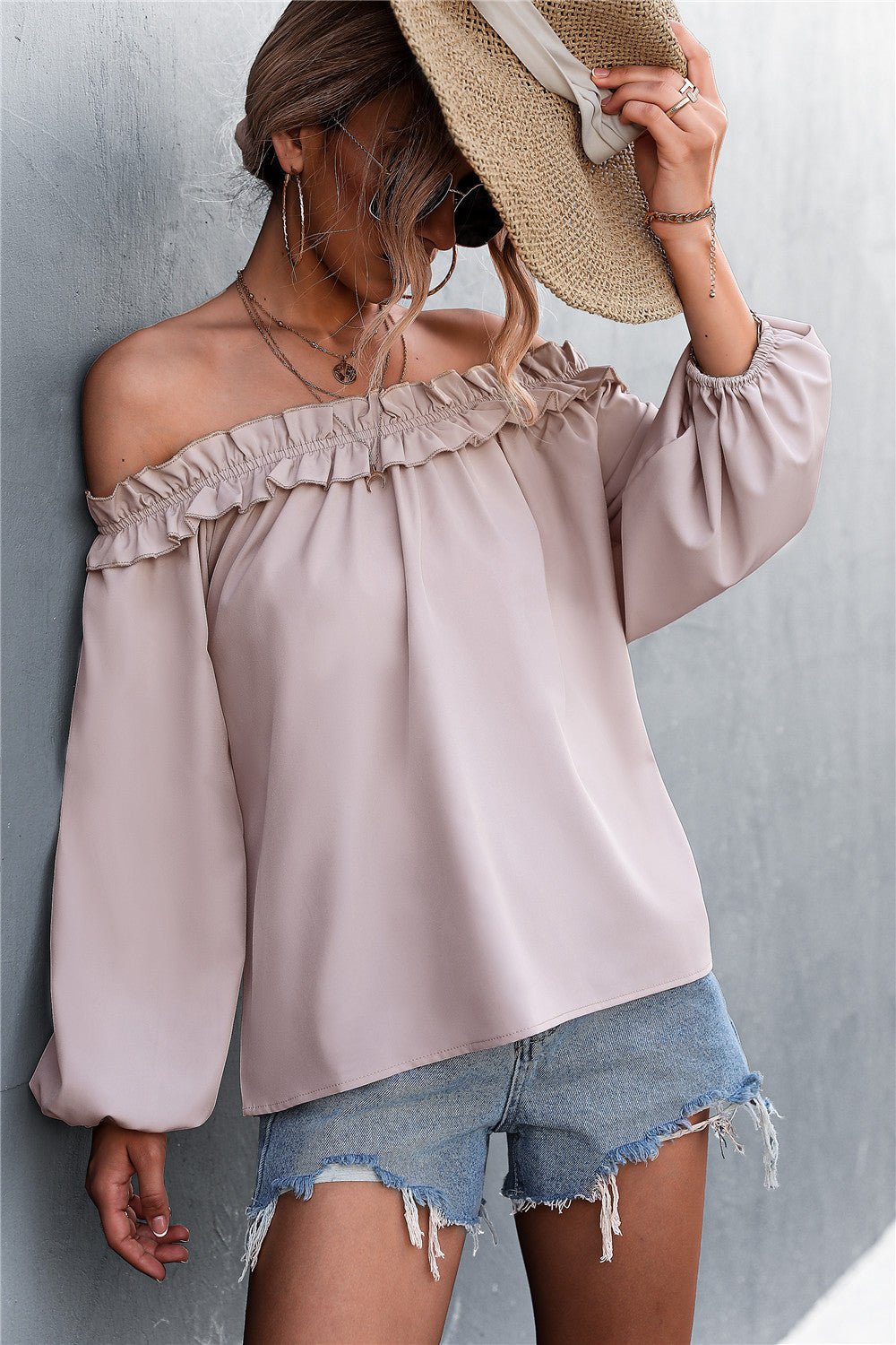 Frill Trim Off-Shoulder Balloon Sleeve Top - DunbiBeauty, LLC