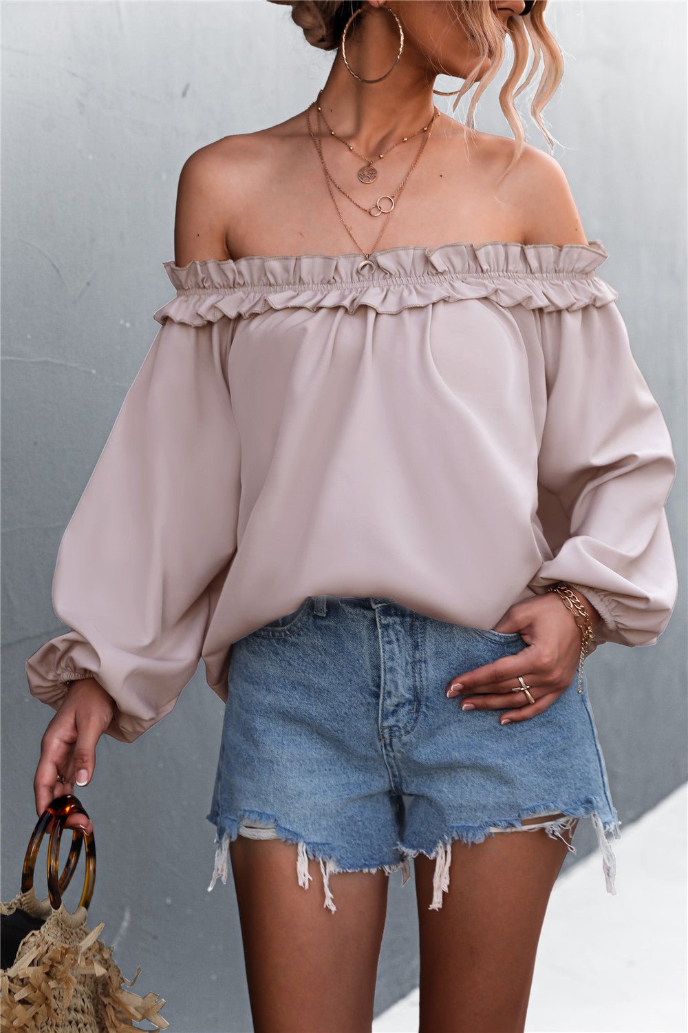 Frill Trim Off-Shoulder Balloon Sleeve Top - DunbiBeauty, LLC