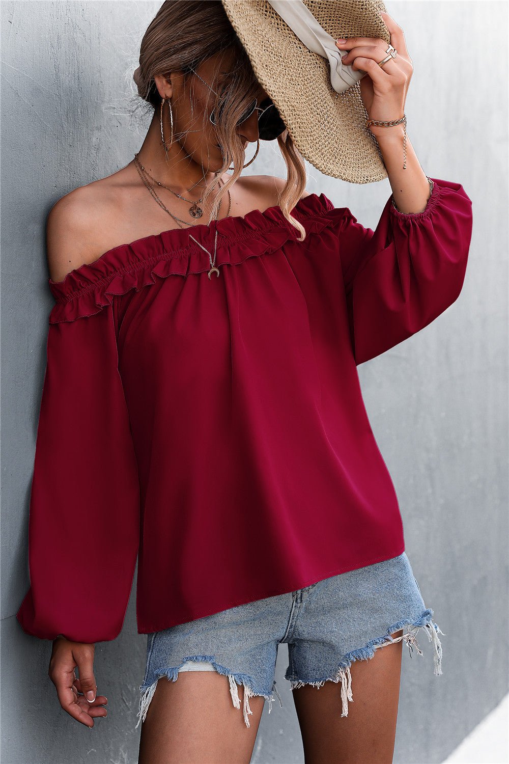 Frill Trim Off-Shoulder Balloon Sleeve Top - DunbiBeauty, LLC