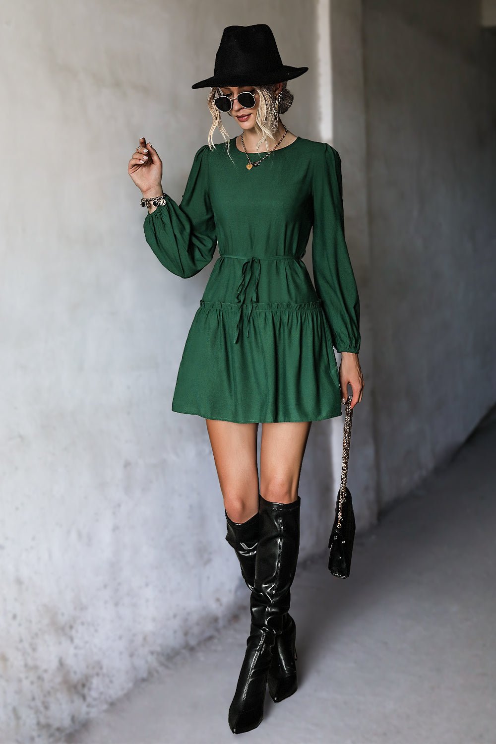 Frill Trim Tie Waist Puff Sleeve Mini Dress - DunbiBeauty, LLC