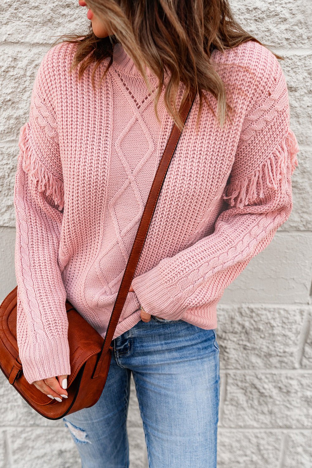 Fringe Detail Mixed Knit High Neck Sweater - DunbiBeauty, LLC