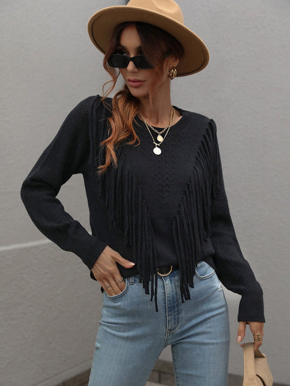 Fringe Detail Ribbed Trim Sweater - DunbiBeauty, LLC