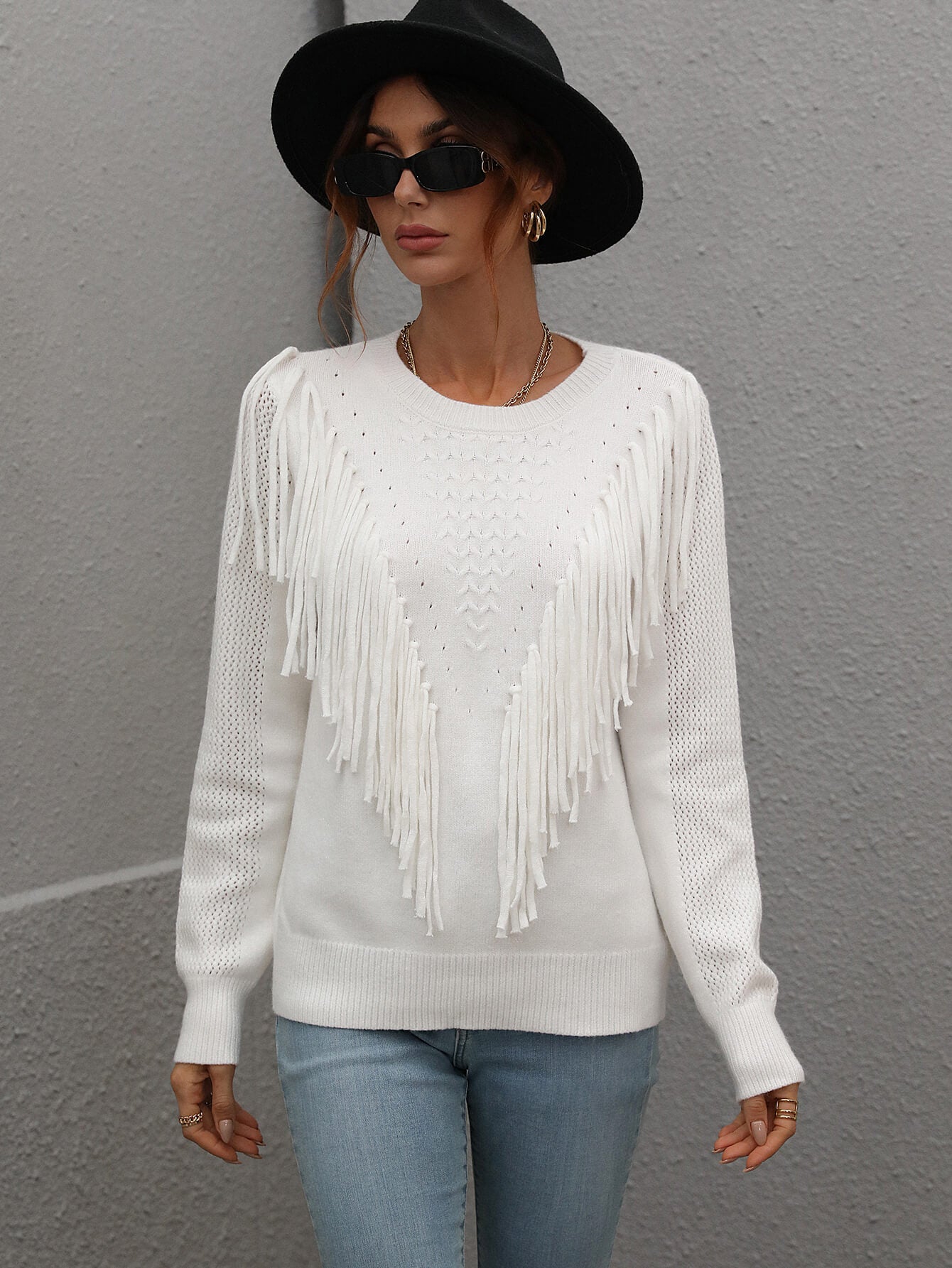 Fringe Detail Ribbed Trim Sweater - DunbiBeauty, LLC