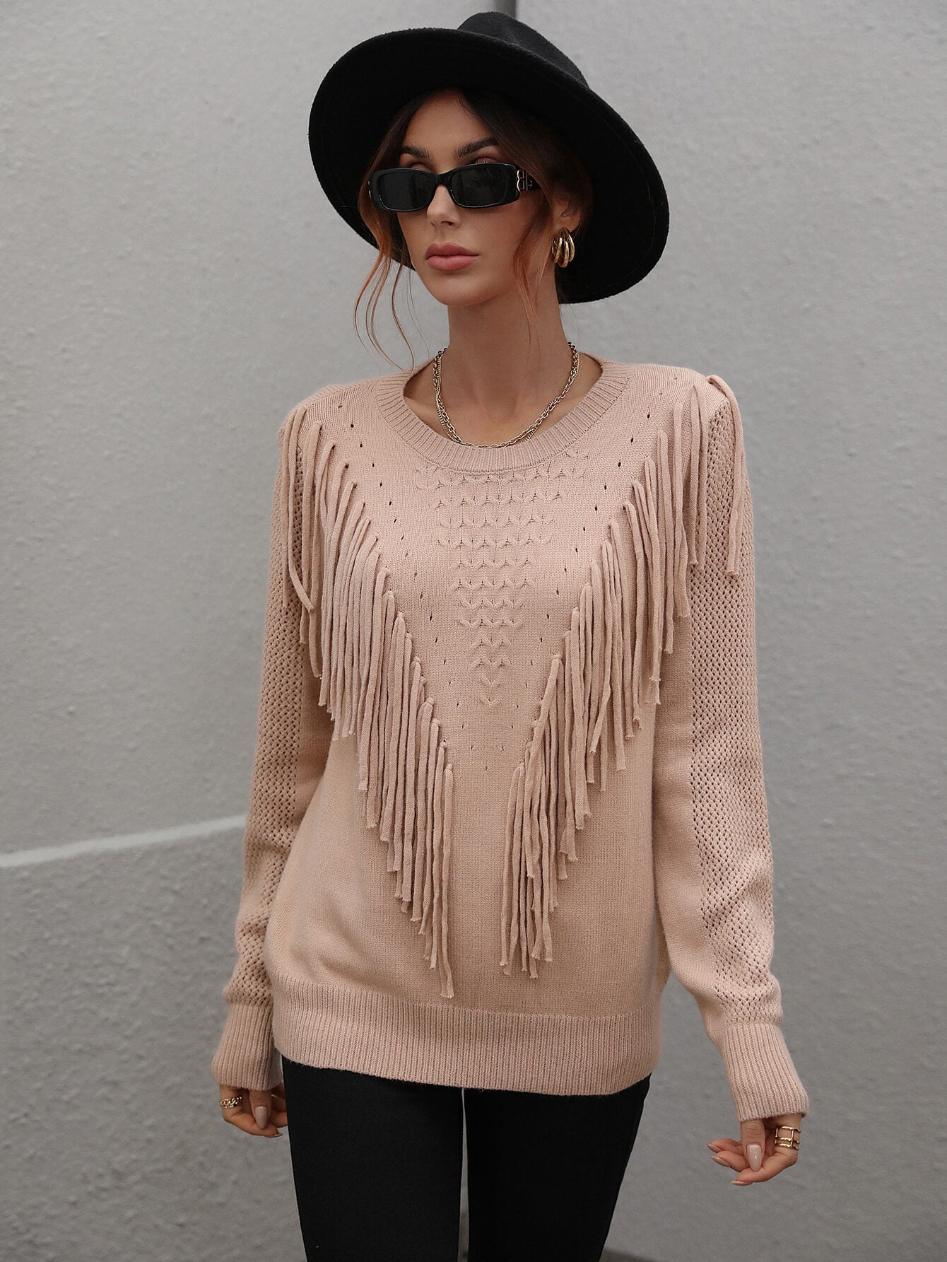 Fringe Detail Ribbed Trim Sweater - DunbiBeauty, LLC