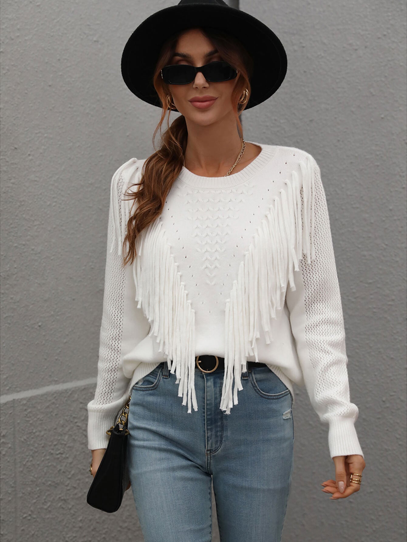 Fringe Detail Ribbed Trim Sweater - DunbiBeauty, LLC