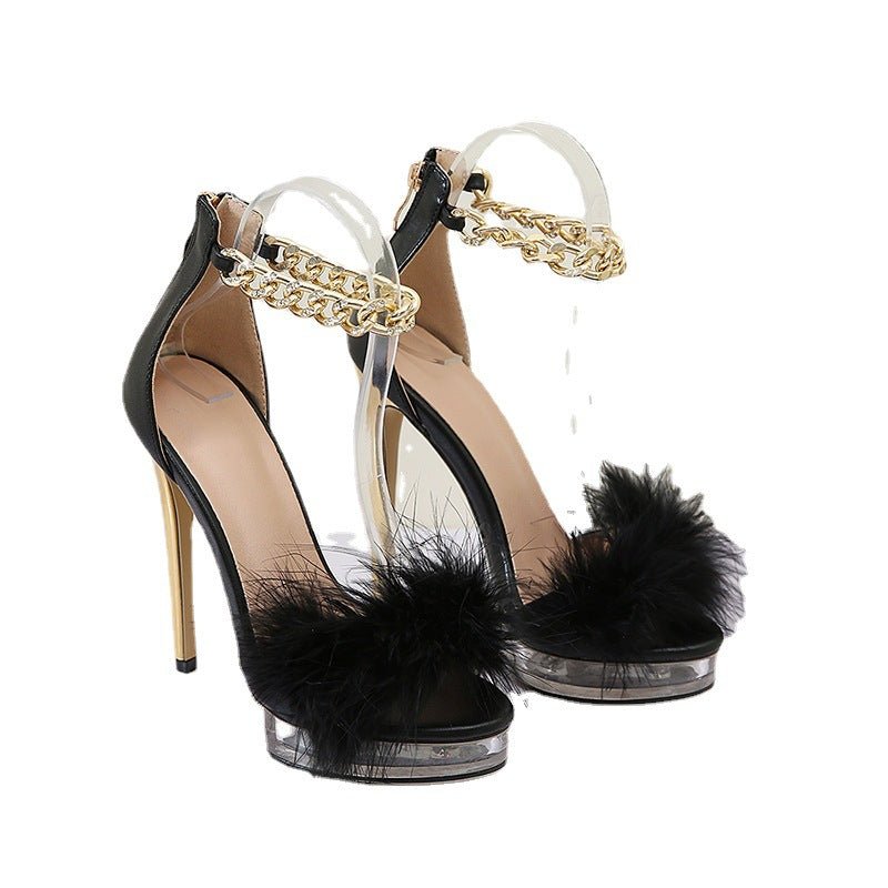 Furry High Heels with Rhinestone Chain - DunbiBeauty, LLC