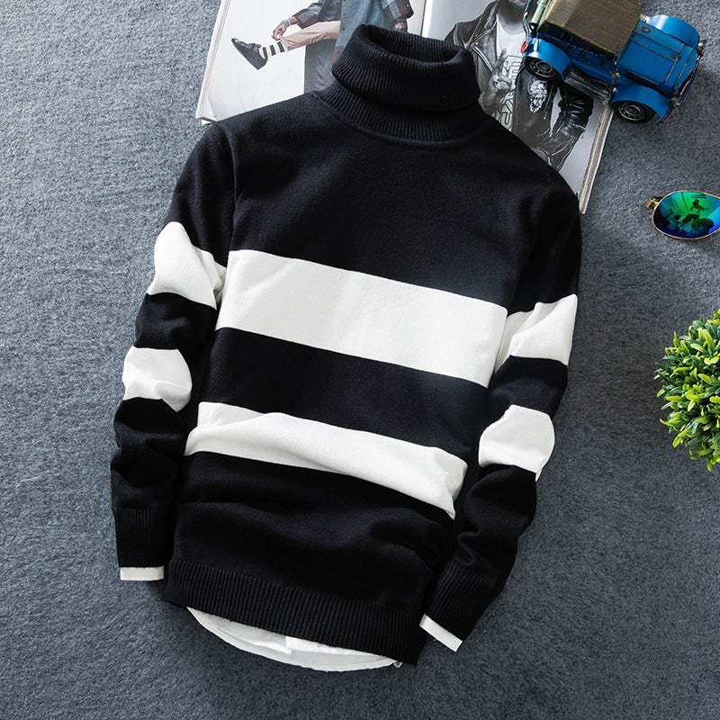 Men's Long Sleeve Colorblock Striped Pullover Turtleneck SupDropshipping