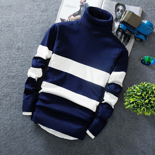 Men's Long Sleeve Colorblock Striped Pullover Turtleneck SupDropshipping