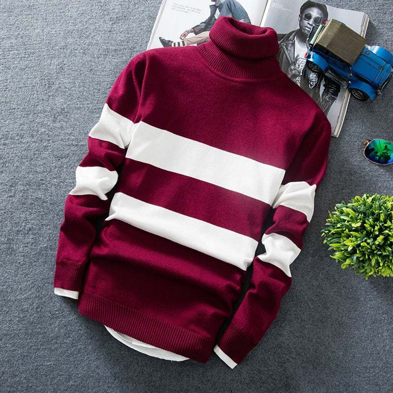 Men's Long Sleeve Colorblock Striped Pullover Turtleneck SupDropshipping