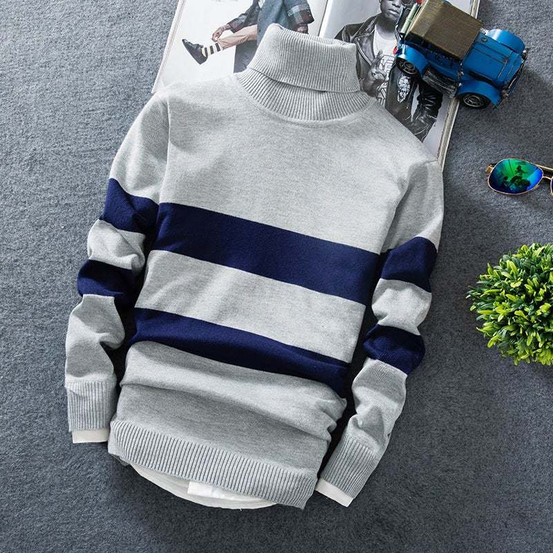 Men's Long Sleeve Colorblock Striped Pullover Turtleneck SupDropshipping