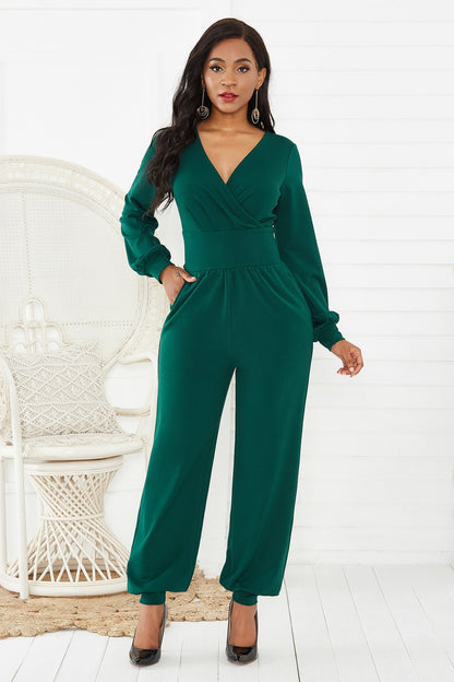 Gathered Detail Surplice Lantern Sleeve Jumpsuit - DunbiBeauty, LLC