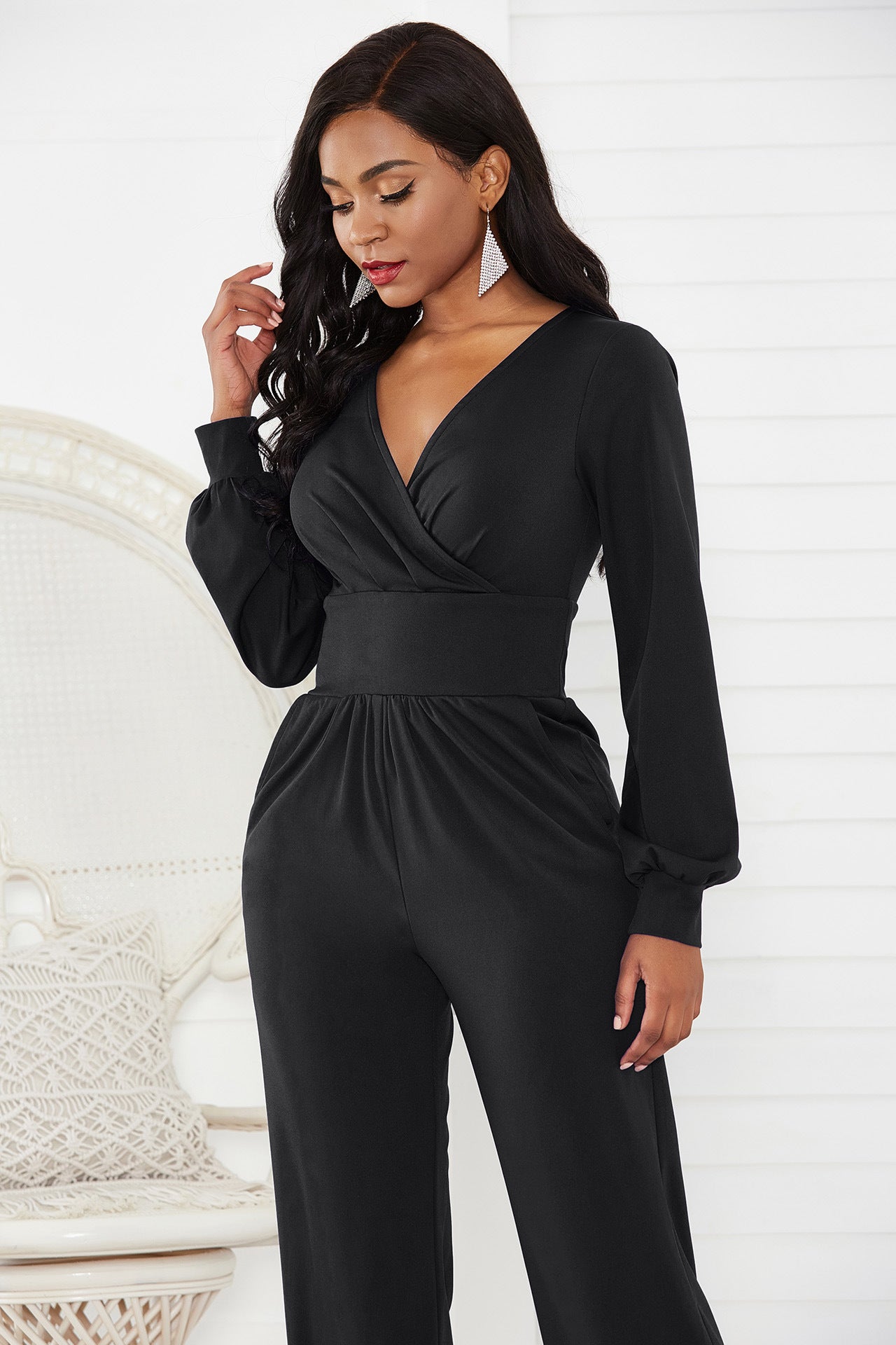 Gathered Detail Surplice Lantern Sleeve Jumpsuit - DunbiBeauty, LLC