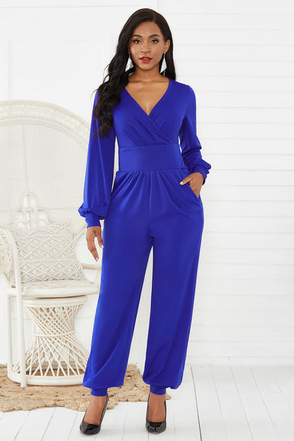 Gathered Detail Surplice Lantern Sleeve Jumpsuit - DunbiBeauty, LLC