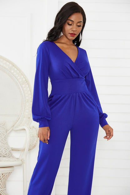 Gathered Detail Surplice Lantern Sleeve Jumpsuit - DunbiBeauty, LLC