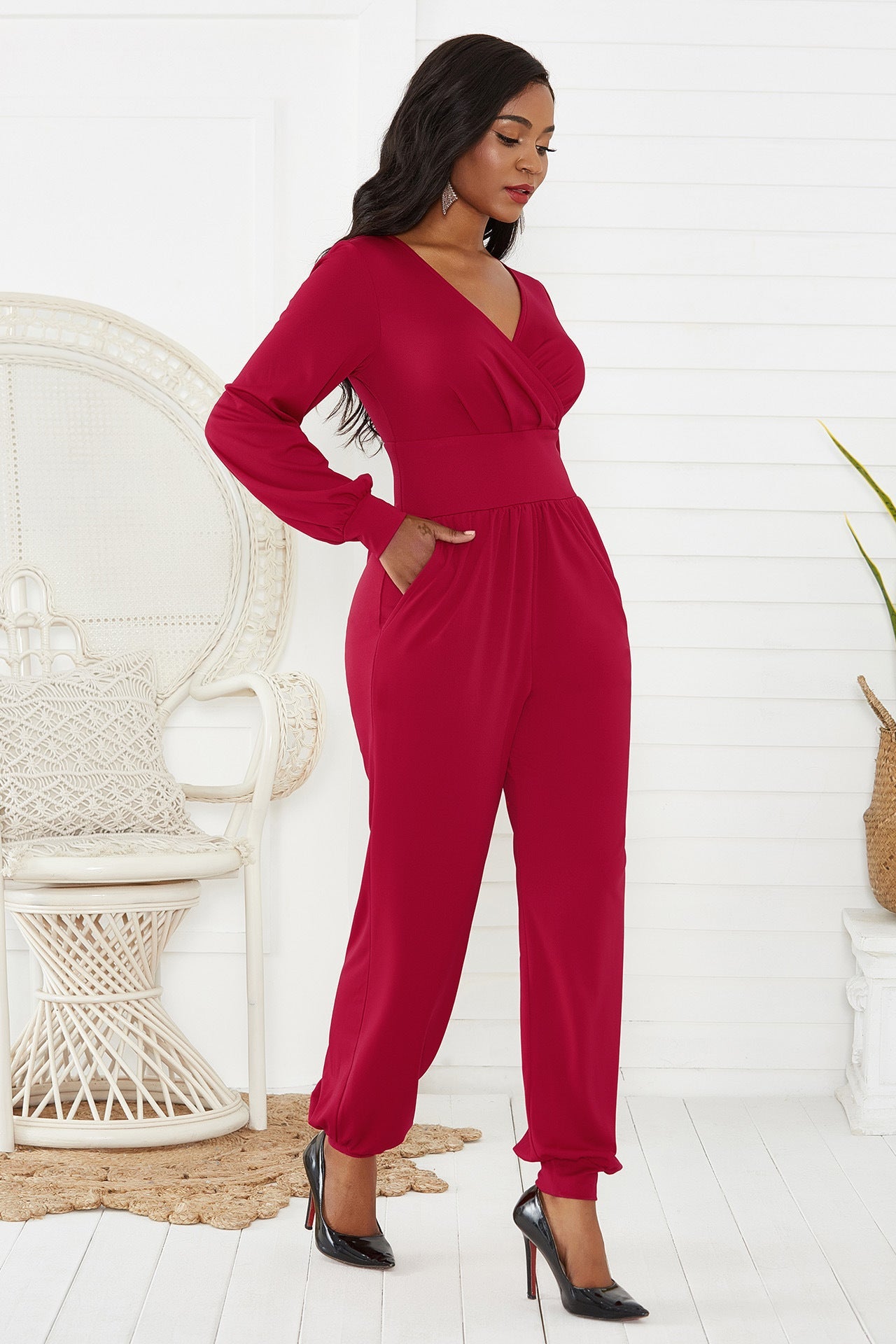 Gathered Detail Surplice Lantern Sleeve Jumpsuit - DunbiBeauty, LLC