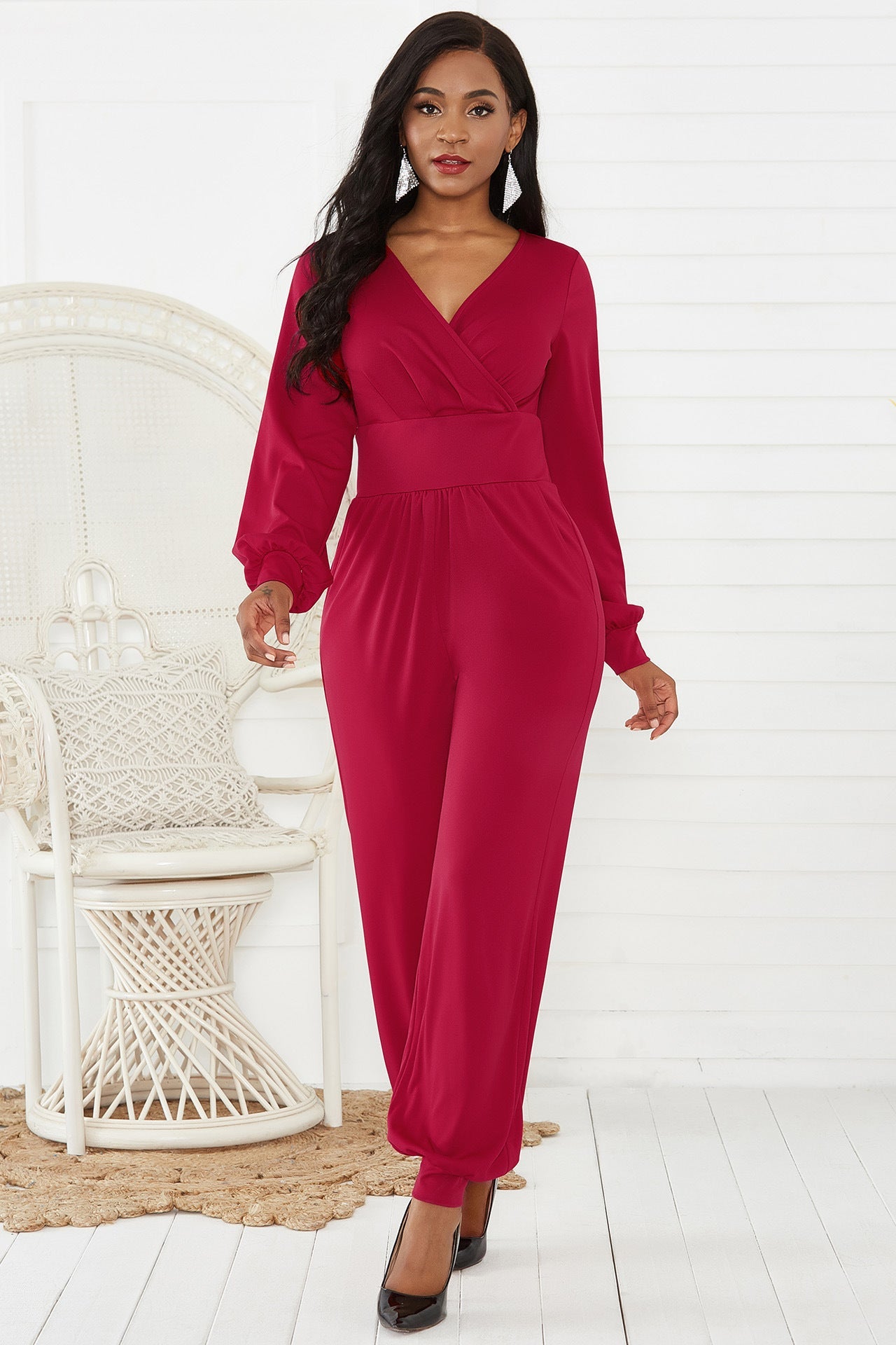 Gathered Detail Surplice Lantern Sleeve Jumpsuit - DunbiBeauty, LLC