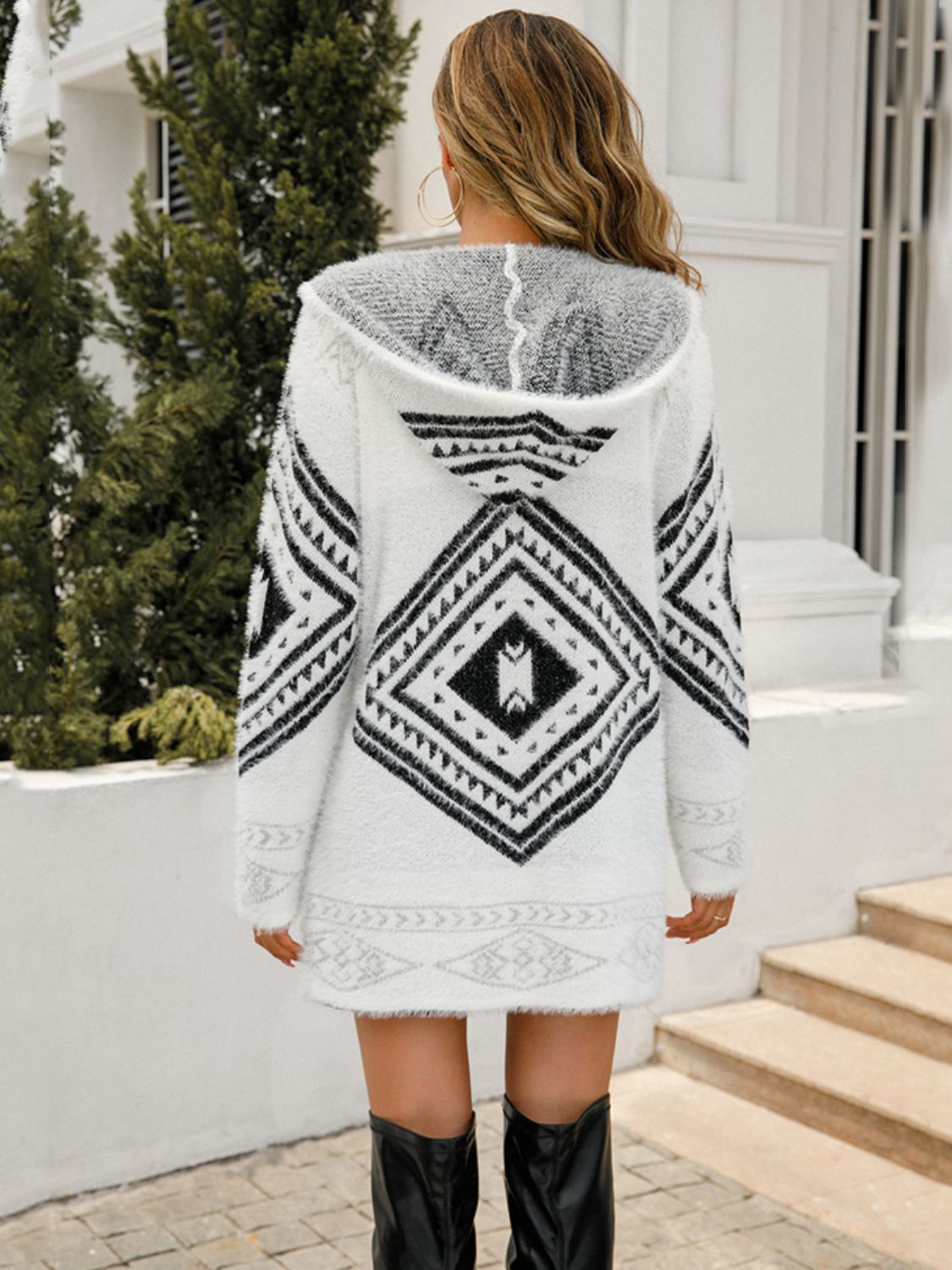 Geometric Fuzzy Hooded Cardigan - DunbiBeauty, LLC