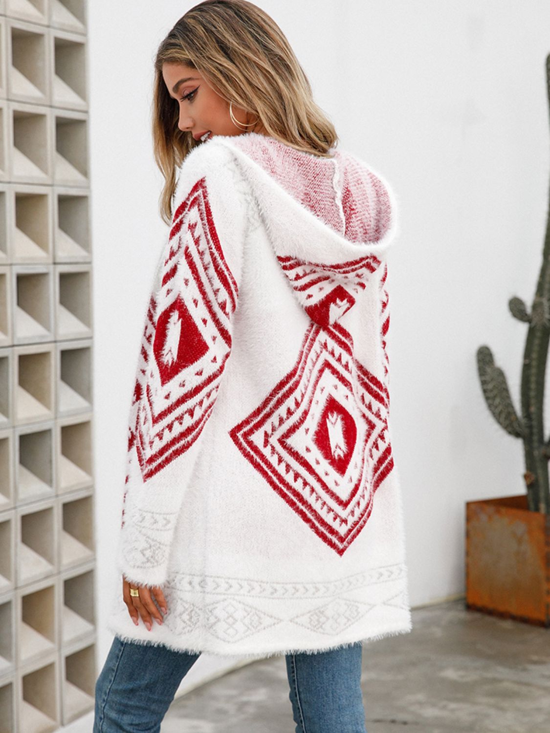 Geometric Fuzzy Hooded Cardigan - DunbiBeauty, LLC