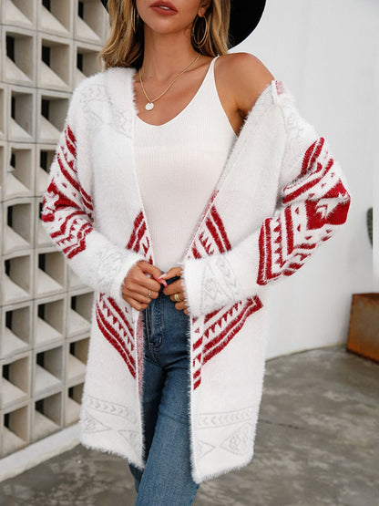 Geometric Fuzzy Hooded Cardigan - DunbiBeauty, LLC