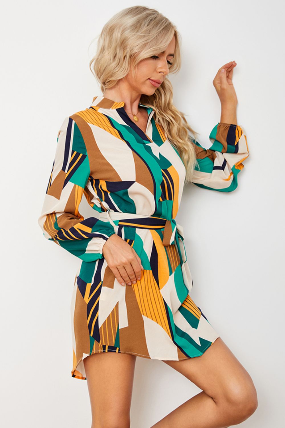 Geometric Print Belted Curved Hem Dress - DunbiBeauty, LLC