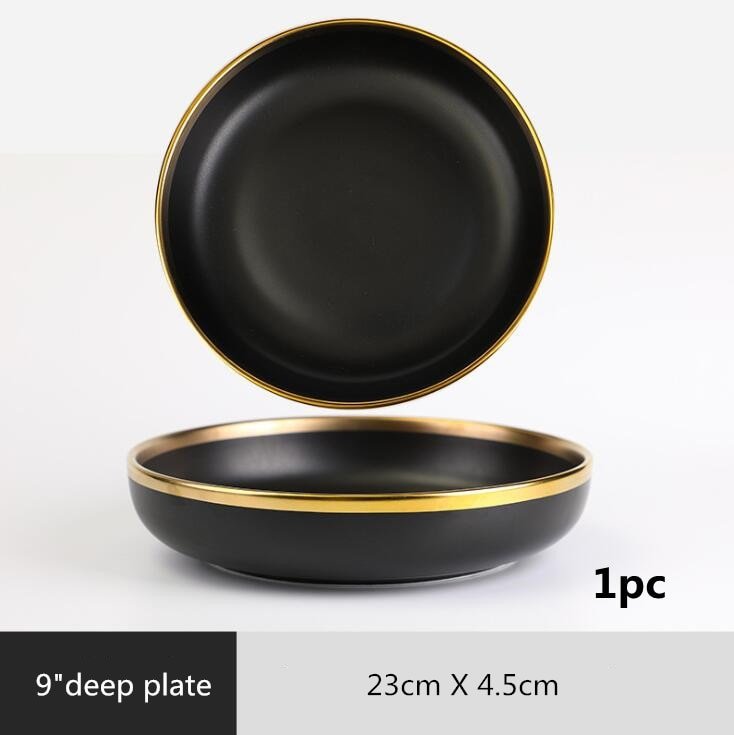 Gilt Rim Black Porcelain Dinner Plates Kitchen Dishes Ceramics Tableware Food Tray Rice Salad Noodles Bowl Cutlery Set - DunbiBeauty, LLC