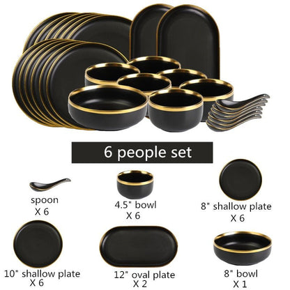 Gilt Rim Black Porcelain Dinner Plates Kitchen Dishes Ceramics Tableware Food Tray Rice Salad Noodles Bowl Cutlery Set - DunbiBeauty, LLC