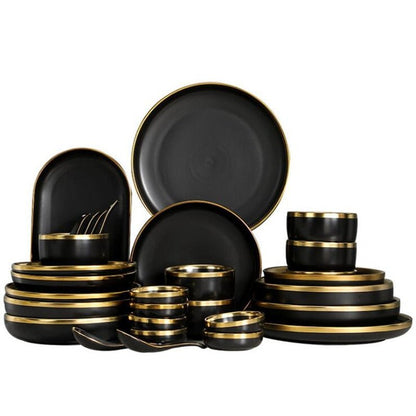 Gilt Rim Black Porcelain Dinner Plates Kitchen Dishes Ceramics Tableware Food Tray Rice Salad Noodles Bowl Cutlery Set - DunbiBeauty, LLC