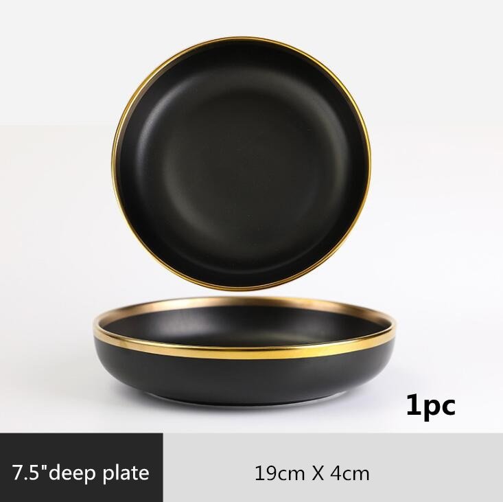 Gilt Rim Black Porcelain Dinner Plates Kitchen Dishes Ceramics Tableware Food Tray Rice Salad Noodles Bowl Cutlery Set - DunbiBeauty, LLC