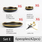 Gilt Rim Black Porcelain Dinner Plates Kitchen Dishes Ceramics Tableware Food Tray Rice Salad Noodles Bowl Cutlery Set - DunbiBeauty, LLC