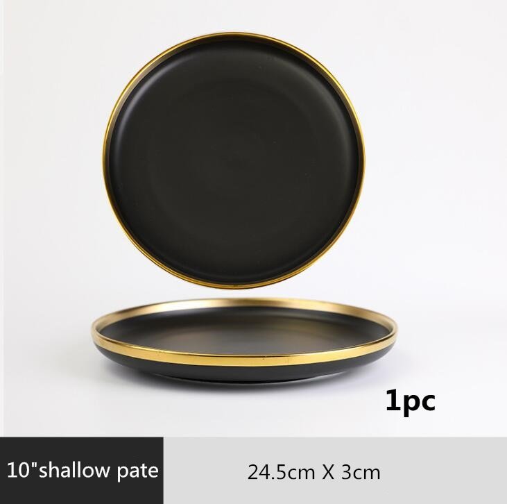 Gilt Rim Black Porcelain Dinner Plates Kitchen Dishes Ceramics Tableware Food Tray Rice Salad Noodles Bowl Cutlery Set - DunbiBeauty, LLC