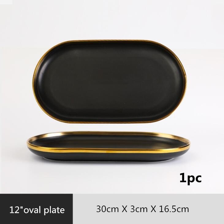 Gilt Rim Black Porcelain Dinner Plates Kitchen Dishes Ceramics Tableware Food Tray Rice Salad Noodles Bowl Cutlery Set - DunbiBeauty, LLC