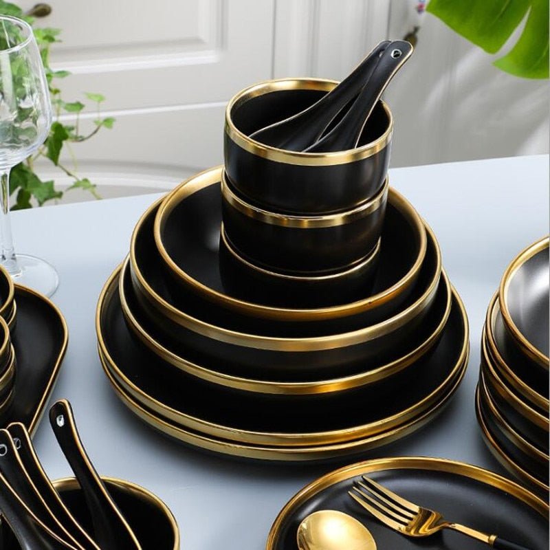 Gilt Rim Black Porcelain Dinner Plates Kitchen Dishes Ceramics Tableware Food Tray Rice Salad Noodles Bowl Cutlery Set - DunbiBeauty, LLC