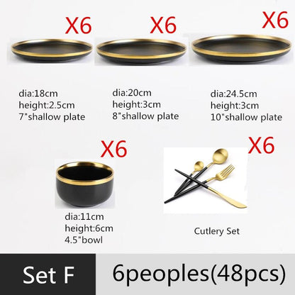 Gilt Rim Black Porcelain Dinner Plates Kitchen Dishes Ceramics Tableware Food Tray Rice Salad Noodles Bowl Cutlery Set - DunbiBeauty, LLC