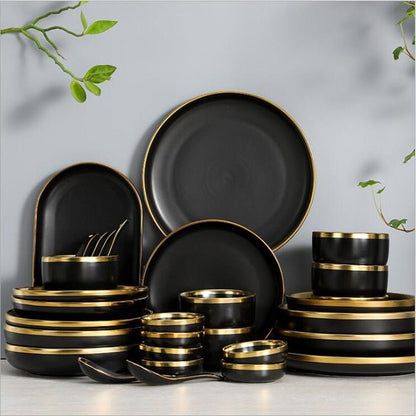 Gilt Rim Black Porcelain Dinner Plates Kitchen Dishes Ceramics Tableware Food Tray Rice Salad Noodles Bowl Cutlery Set - DunbiBeauty, LLC