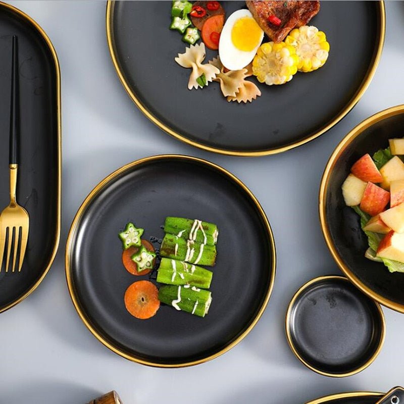 Gilt Rim Black Porcelain Dinner Plates Kitchen Dishes Ceramics Tableware Food Tray Rice Salad Noodles Bowl Cutlery Set - DunbiBeauty, LLC