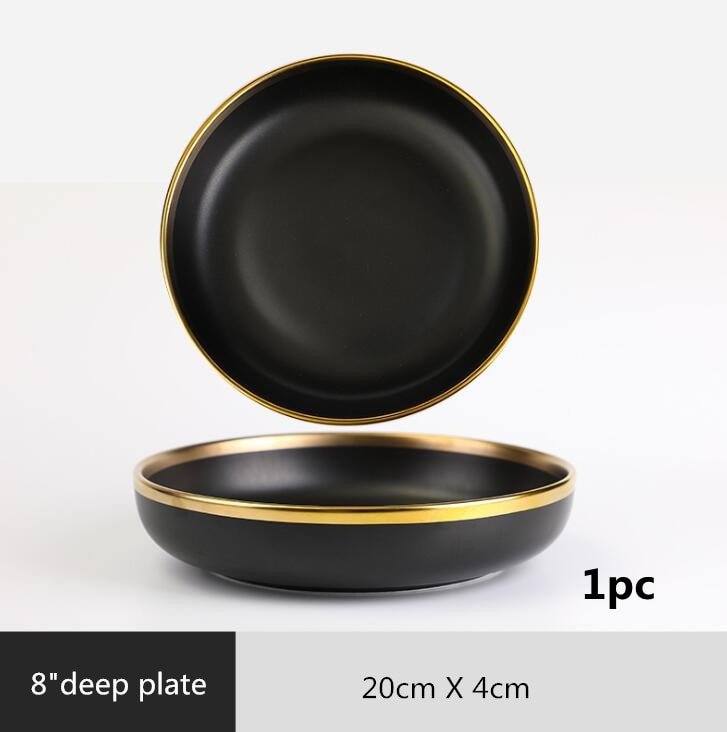 Gilt Rim Black Porcelain Dinner Plates Kitchen Dishes Ceramics Tableware Food Tray Rice Salad Noodles Bowl Cutlery Set - DunbiBeauty, LLC