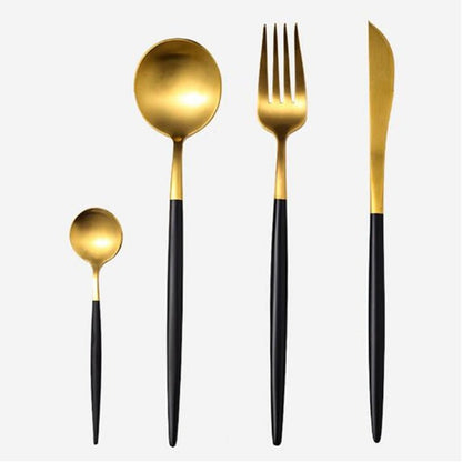 Gilt Rim Black Porcelain Dinner Plates Kitchen Dishes Ceramics Tableware Food Tray Rice Salad Noodles Bowl Cutlery Set - DunbiBeauty, LLC