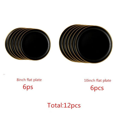 Gilt Rim Black Porcelain Dinner Plates Kitchen Dishes Ceramics Tableware Food Tray Rice Salad Noodles Bowl Cutlery Set - DunbiBeauty, LLC