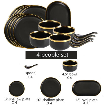 Gilt Rim Black Porcelain Dinner Plates Kitchen Dishes Ceramics Tableware Food Tray Rice Salad Noodles Bowl Cutlery Set - DunbiBeauty, LLC