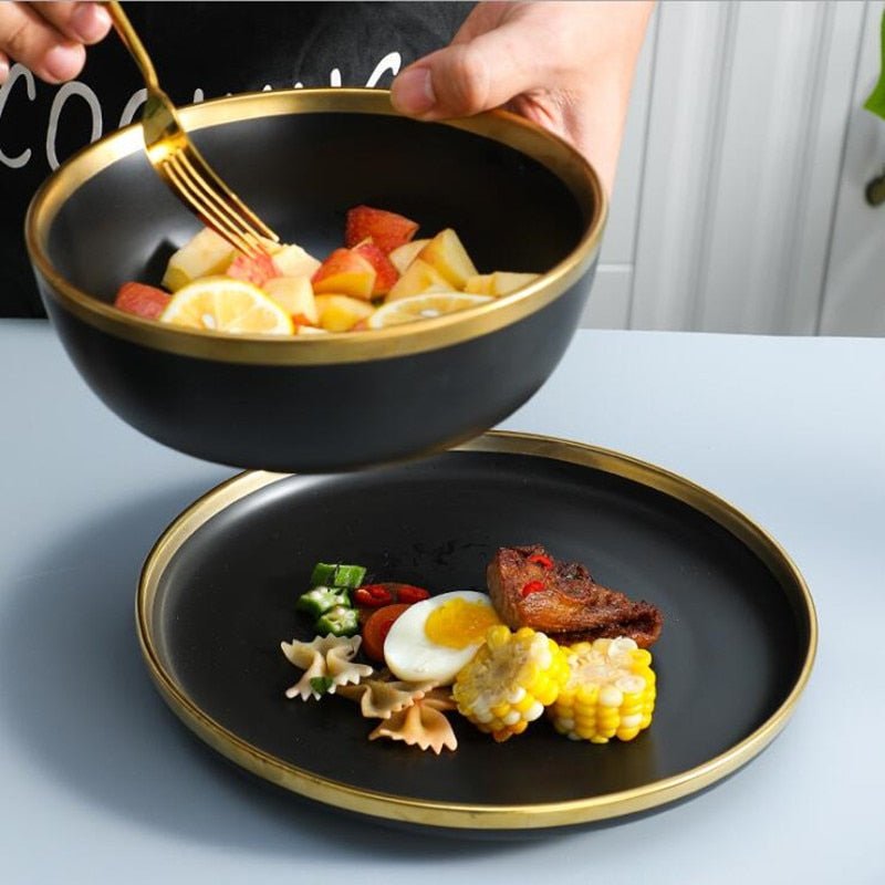 Gilt Rim Black Porcelain Dinner Plates Kitchen Dishes Ceramics Tableware Food Tray Rice Salad Noodles Bowl Cutlery Set - DunbiBeauty, LLC