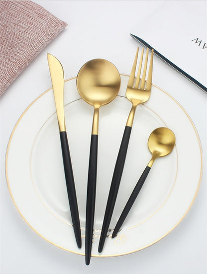 Gilt Rim Black Porcelain Dinner Plates Kitchen Dishes Ceramics Tableware Food Tray Rice Salad Noodles Bowl Cutlery Set - DunbiBeauty, LLC