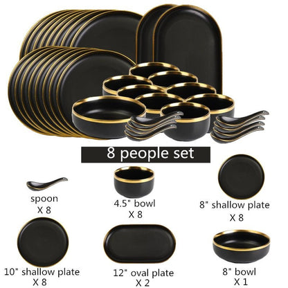 Gilt Rim Black Porcelain Dinner Plates Kitchen Dishes Ceramics Tableware Food Tray Rice Salad Noodles Bowl Cutlery Set - DunbiBeauty, LLC