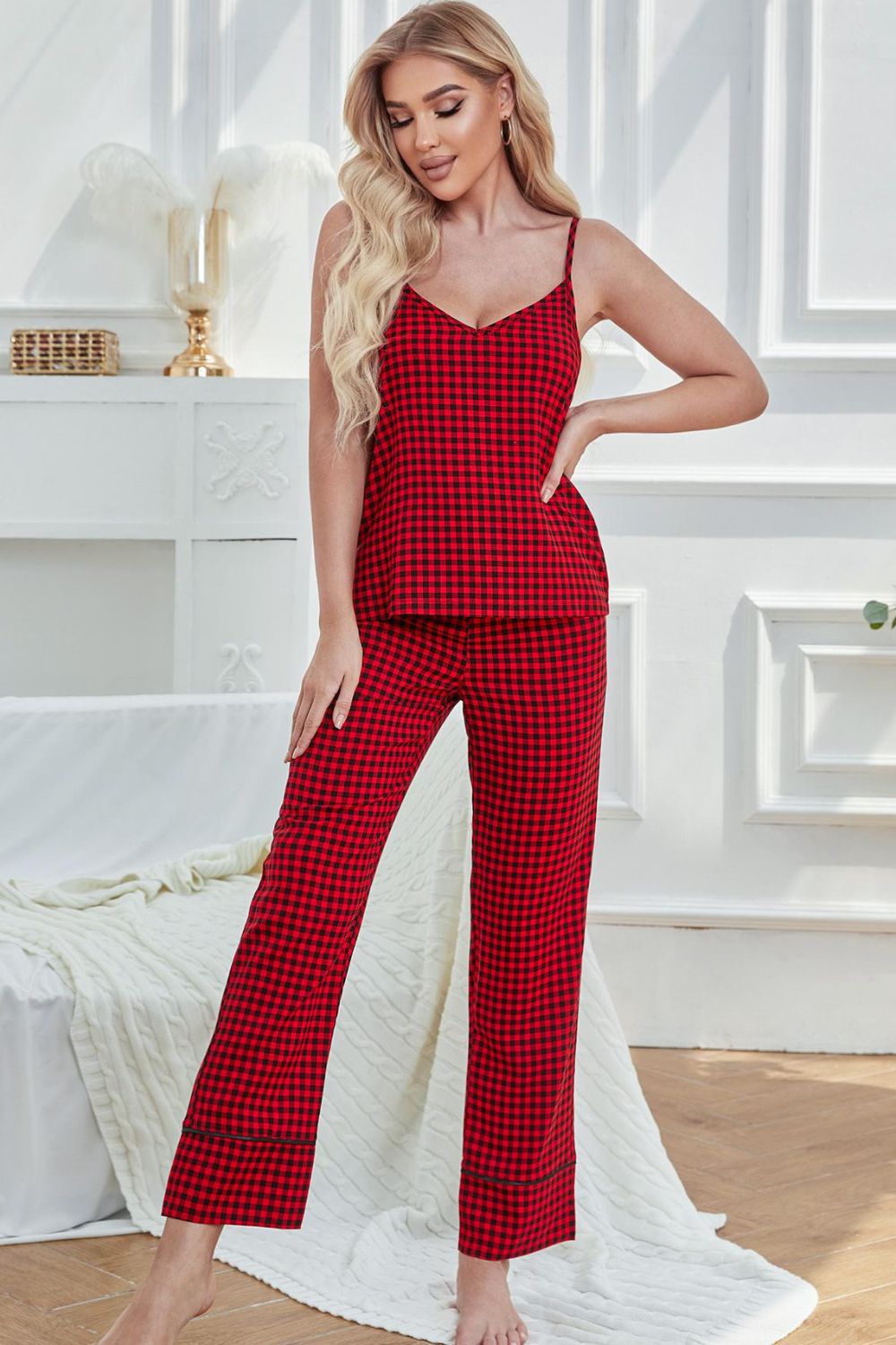 Gingham V-Neck Cami and Tied Pants Lounge Set - DunbiBeauty, LLC