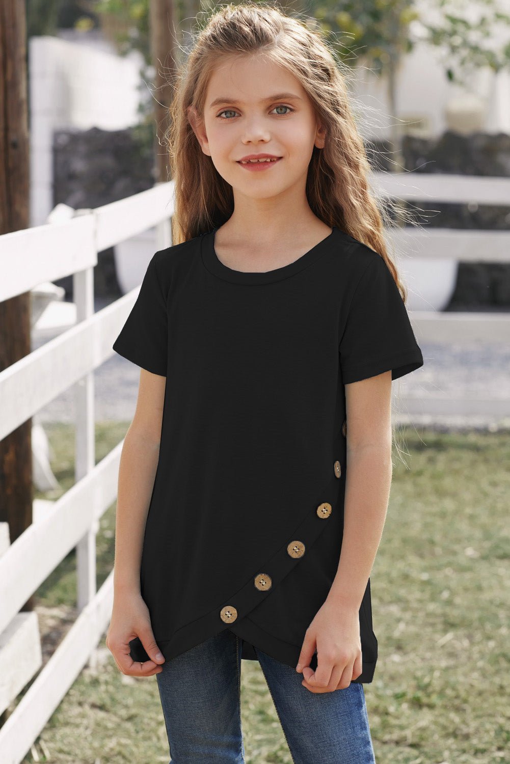 Girls Buttoned Tulip Hem T-Shirt - DunbiBeauty, LLC