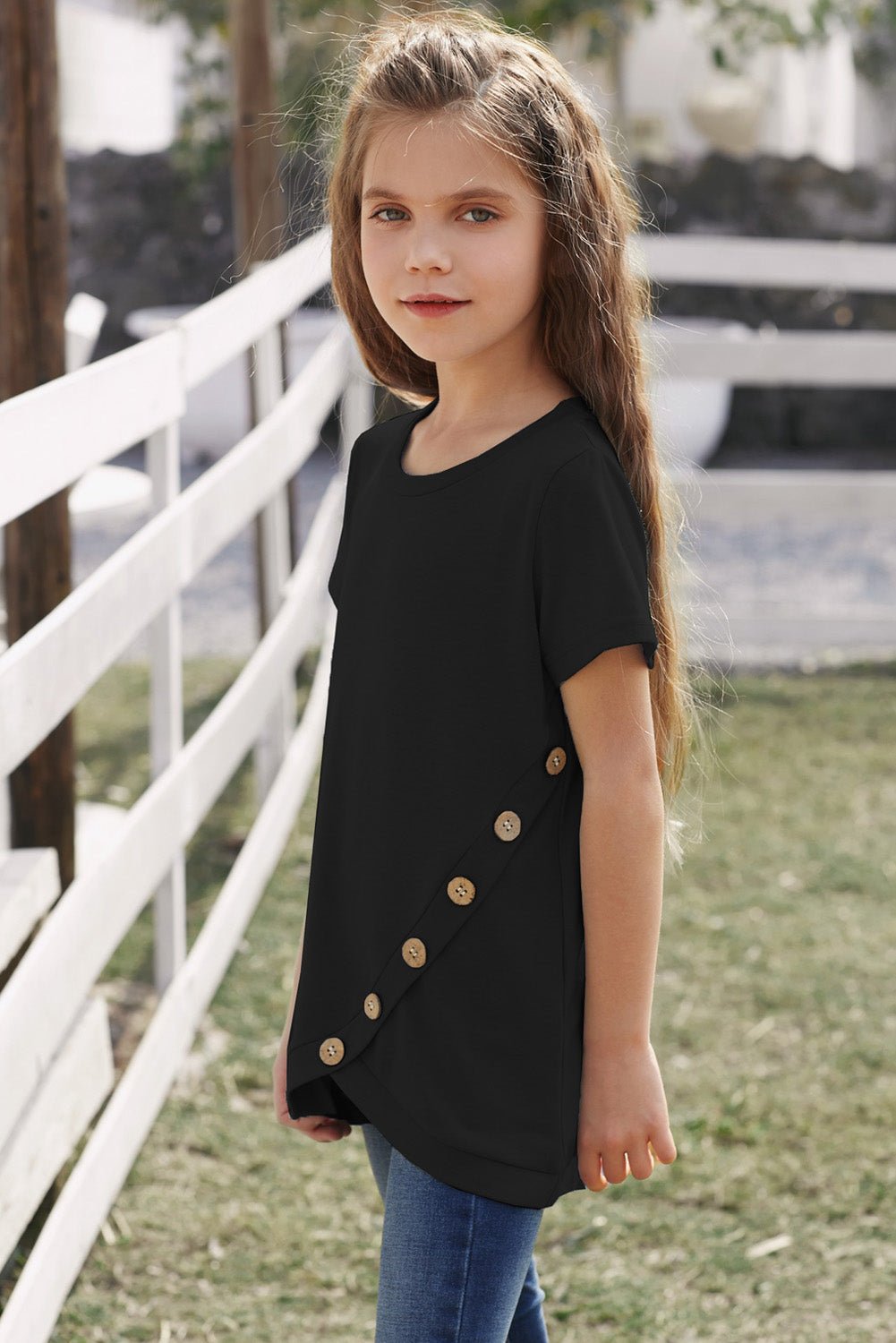 Girls Buttoned Tulip Hem T-Shirt - DunbiBeauty, LLC